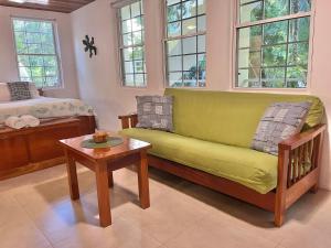 a living room with a green couch and a table at Caribbean Beach Suite in Caye Caulker