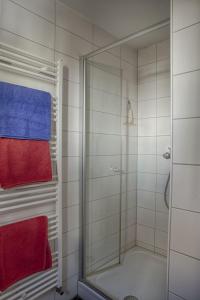 La salle de bains est pourvue d'une douche et de serviettes rouges et bleues. dans l'établissement Ferienhaus Ziegler, à Loßburg