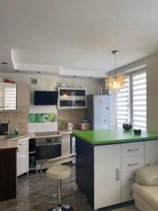 a kitchen with a green counter top in a room at Apartament w Piszu in Pisz +11 photos