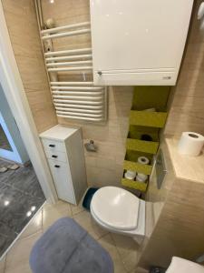 a small bathroom with a toilet and some towels at Apartament w Piszu in Pisz