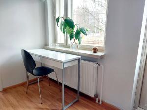 a desk with a chair and a plant in a window at Spacious studio apartment near the center of Joensuu in Joensuu