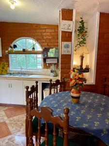 eine Küche mit einem Tisch und einer Blumenvase darauf in der Unterkunft Sinestesia House in Baños
