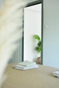 una camera da letto con un letto con specchio e una pianta di Greekowl apartments a Città di Skiathos