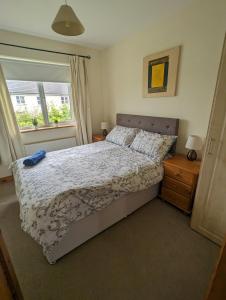 Schlafzimmer mit einem Bett und einem Fenster in der Unterkunft 4 Bed House, spacious & modern with parking Tubbercurry in Tobercurry
