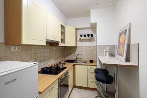 a small kitchen with white cabinets and a counter at Aquarell Top Homes Downtown in Budapest