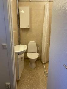 een kleine badkamer met een toilet en een wastafel bij Lantgård nära stad, fiske o golf in Malmö