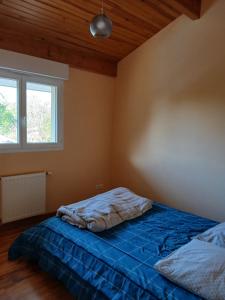 Un dormitorio con una cama azul y una ventana en Maison sanguinet à 100m du lac, en Sanguinet