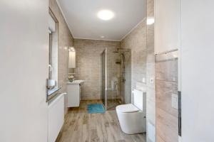 a bathroom with a toilet and a shower at Haus 33 in Lutherstadt Wittenberg +33 photos