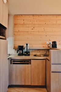 a kitchen with a sink and a wooden wall at IMMODREAMS - L'Igloo - Avoriaz in Avoriaz