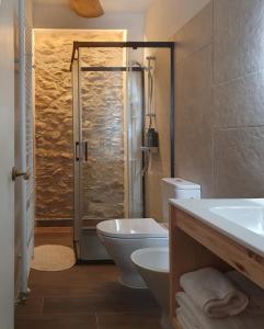 y baño con ducha, aseo y lavamanos. en Casa Clotilde - Apartamento elegante y cómodo en Sant Joan de les Abadesses, en Sant Joan de les Abadesses