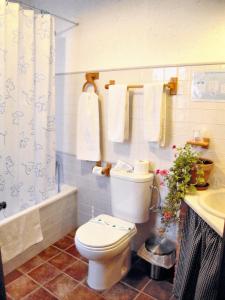 y baño con aseo, lavamanos y cortina de ducha. en 4 bedrooms house with city view terrace and wifi at Hornos, en Hornos
