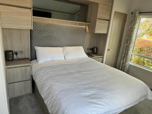 a large bed in a small room with a window at Jasmine lodge in Overcombe