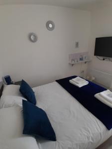 a bedroom with two beds with blue pillows at The Broadway Rooms in Leicester