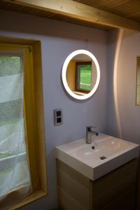 a bathroom with a sink and a mirror at Les Jours Heureux Tiny House in Villers-le-Gambon