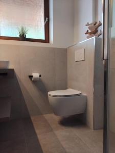 a bathroom with a white toilet and a window at Biogasthaus Plonerhof in Bressanone