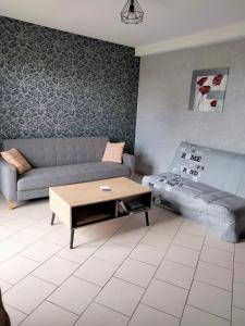 ein Wohnzimmer mit einem Sofa und einem Couchtisch in der Unterkunft Ferme de l'Etang - Gîte in Épuisay