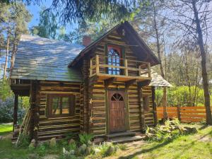a small log cabin with a window and a door at Dzwonkarnia Wyjątkowy domek w lesie in Dzwonkowice +46 photos