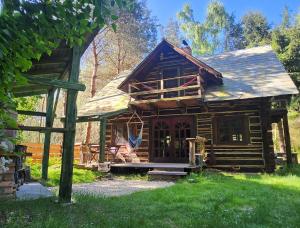 a log cabin with a porch in the grass at Dzwonkarnia Wyjątkowy domek w lesie in Dzwonkowice