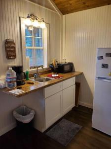 a kitchen with a sink and a white refrigerator at Valley View Cabin - Buffalo Point in Maumee
