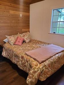 ein Bett mit zwei Kissen darauf in einem Schlafzimmer in der Unterkunft Valley View Cabin - Buffalo Point in Maumee