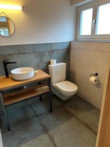 a bathroom with a toilet and a sink at Hotel WALZ in Brienz