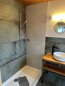 ein Bad mit einer Dusche und einem Waschbecken in der Unterkunft Hotel WALZ in Brienz