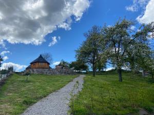 a house on top of a field with a gravel road at Maison bois kota / bain nordique / proche de la mer / kota grill in Longueil +10 photos