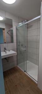 a bathroom with a glass shower and a sink at Być Morze in Pobierowo