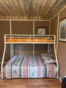 Maumee的住宿－Camping Cabin with private Bathroom，小型客房的双层床,配有床