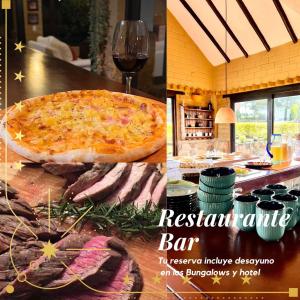 a restaurant bar with a pizza and a glass of wine at Complejo turístico Magic Bungalow in Villa de Leyva
