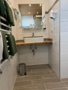 a bathroom with a sink and a mirror at Pension Bavaria in Mittenwald +60 photos
