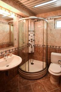 a bathroom with a shower and a toilet and a sink at Petrovski's Residence in Bitola