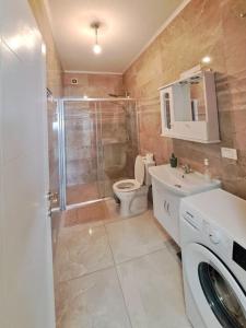 La salle de bains est pourvue d'une douche, de toilettes et d'un lavabo. dans l'établissement Luxurious 1BR Apartment with Elevator Near Lake Ohrid, à Ohrid