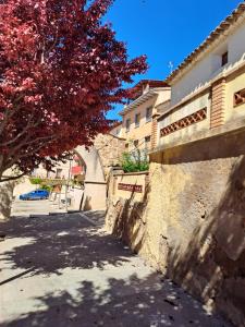 a tree in front of a building and a sidewalk at DELICIAS in Peraltilla
