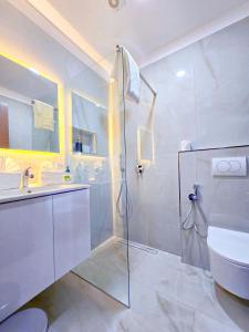 La salle de bains est pourvue d'une douche, d'un lavabo et de toilettes. dans l'établissement Pamja e Qyteteve, à Krujë