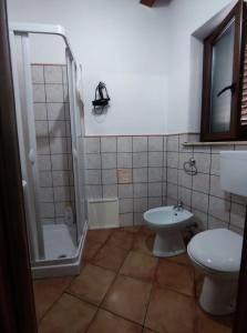 een badkamer met een douche, een toilet en een wastafel bij Affittacamere La Cartiera in Palazzo Adriano