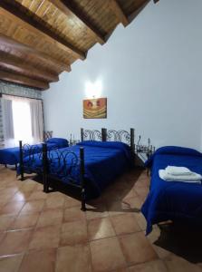 a bedroom with four blue beds and a window at Affittacamere La Cartiera in Palazzo Adriano