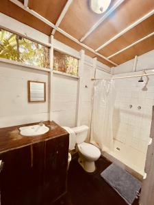 a bathroom with a toilet and a sink and a shower at HOTEL BACKPACKERS RIO DULCE in Rio Dulce
