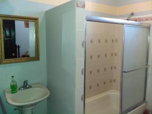 La salle de bains est pourvue d'un lavabo et d'une douche. dans l'établissement See Belize TRANQUIL Sea View Studio with Balcony, Infinity Pool & Overwater Deck, à Belize City