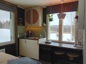 cocina con encimera y 2 ventanas en Experience accommadation Eco-Unela, en Rovaniemi
