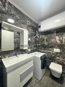 La salle de bains est pourvue d'un lavabo, de toilettes et d'un miroir. dans l'établissement Appartamento Andrea vista mare Shëngjin, à Shëngjin