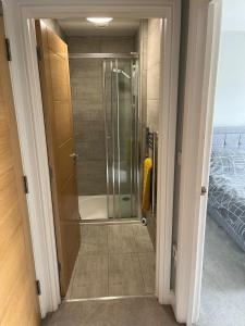 uma cabina de duche ao nível do chão com uma porta de vidro na casa de banho em New one bed 1st floor flat close to the beach em Southbourne