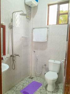 uma casa de banho com um chuveiro, um WC e um lavatório. em Hellen's Riverside villas em Moshi
