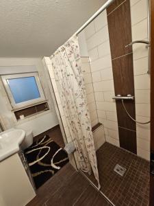 a bathroom with a shower with a shower curtain at Ferienwohnung Medina in Bad Wildungen