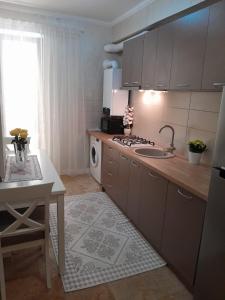 uma cozinha com um lavatório e um fogão forno superior em Ap Hector em Mamaia Nord – Năvodari