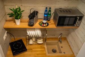 eine kleine Küche mit Mikrowelle und Spüle in der Unterkunft Apartamenty na Starówce in Kalisz