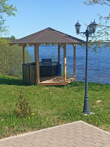 um gazebo com uma luz de rua junto à água em Brīvdienu māja Dinary em Dagda