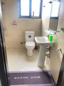 a bathroom with a toilet and a sink at Homie flat with airport view in Entebbe +28 photos