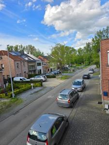a street with cars parked on the side of the road at B&B des Ambres in Denderleeuw