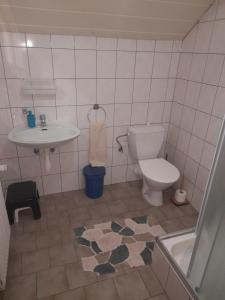 a bathroom with a toilet and a sink at Penzion Krušnohorka in Tatrovice